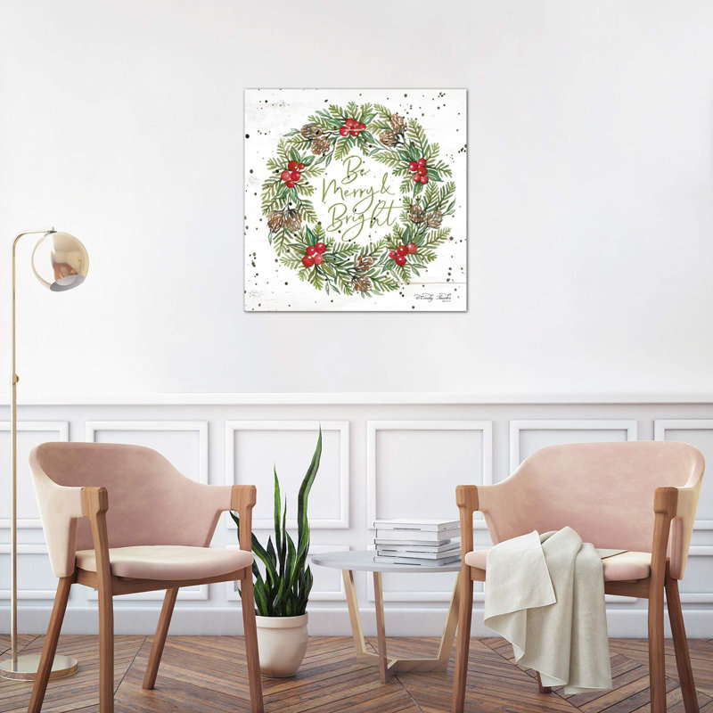 Be Merry & Bright Wreath by Cindy Jacobs - Print on Canvas, 66.04 cm H x 66.04 cm W, Black Floater Framed