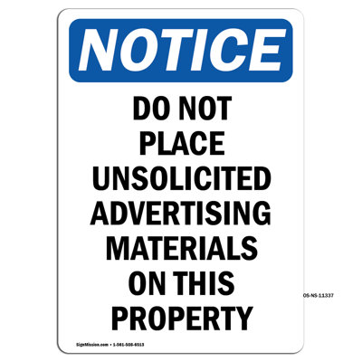 Do Not Place Unsolicited Advertising Plastic Sign 10" X 7"