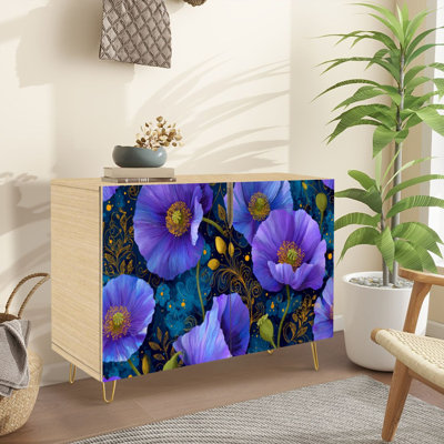 Buffet Buffet avec rangement Dreamy Cosmic Botanical Floral doré avec 2 portes pour le salon et la cuisine