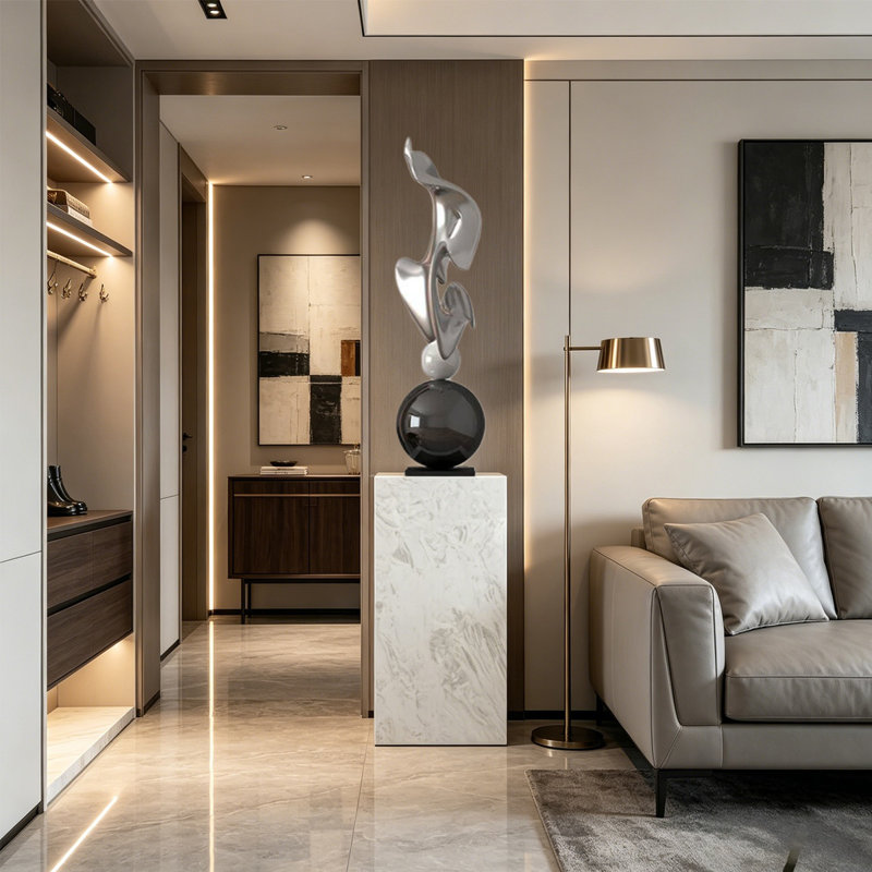 Argent, noir, blanc, forme libre, verre, acier, acier inoxydable, objet décoratif en marbre