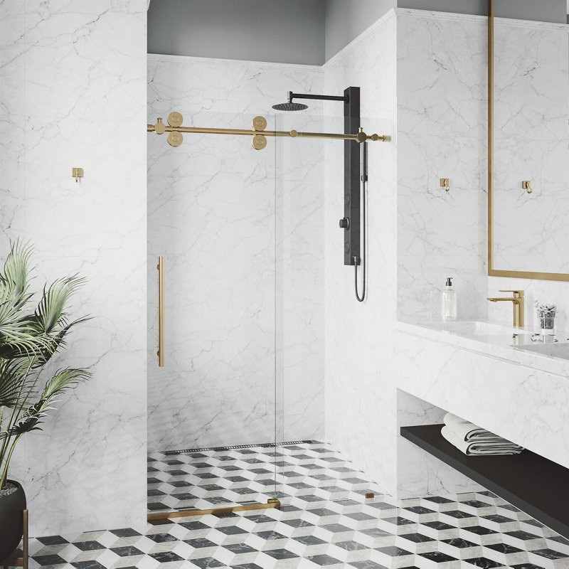 Elan 68-72" W x 74" H Sliding Frameless Shower Door with 3/8" Clear Glass, Matte Brushed Gold