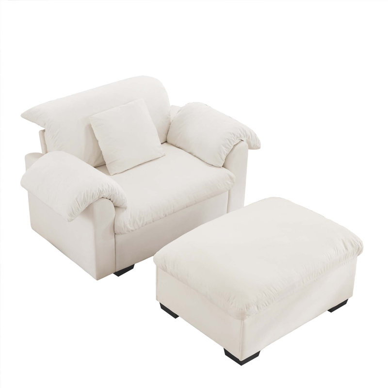Chaise de salon avec accoudoirs et repose-pieds l 48,4 po, Velours blanc