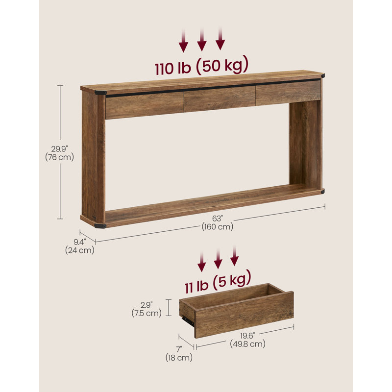Marasco Console Table With 3 Drawers,  Narrow Entryway Table, Farmhouse Style, Honey Brown, 29.9" H x 63" W x 9.4" D