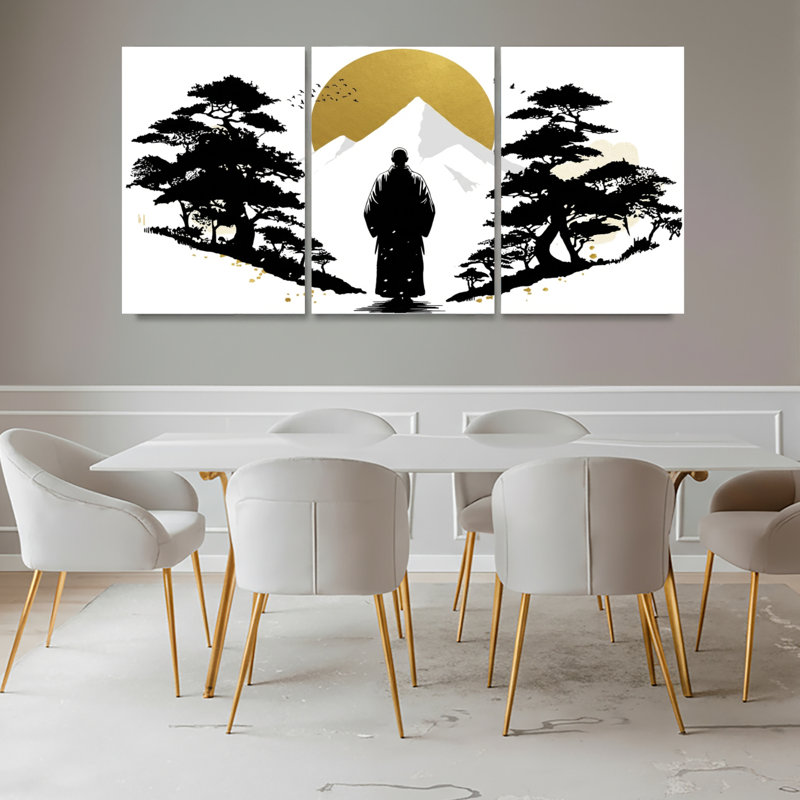 Ensemble de 3 tableaux sur toile tendue représentant un paysage zen japonais avec le mont Fuji et la silhouette d'un samouraï