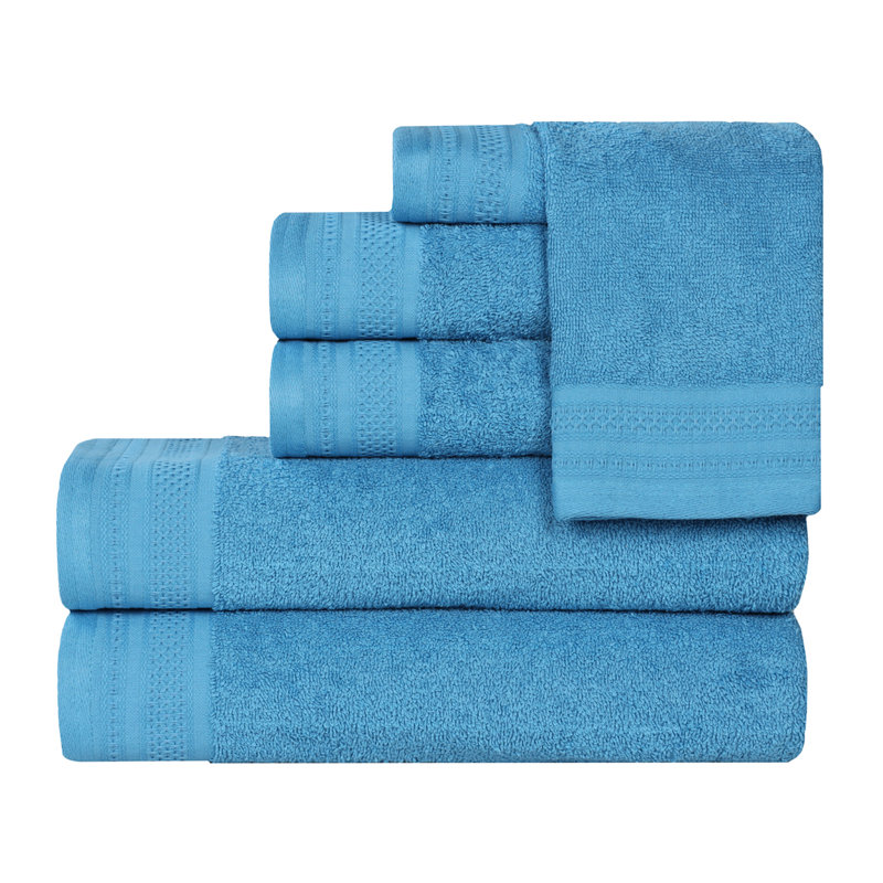Honeycomb Textured Waffle Border Cotton Medium Weight 6 Piece Towel Set, Azure