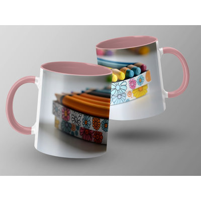 Kids Drawing Style 11oz Accent Mugs – Ceramic Coffee Cup with a Pink Handle and Interior