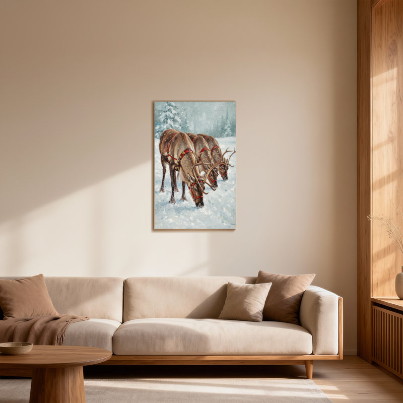 Animaux, renne dans un paysage d'hiver enneigé avec harnais, H 24 po x l 16 po