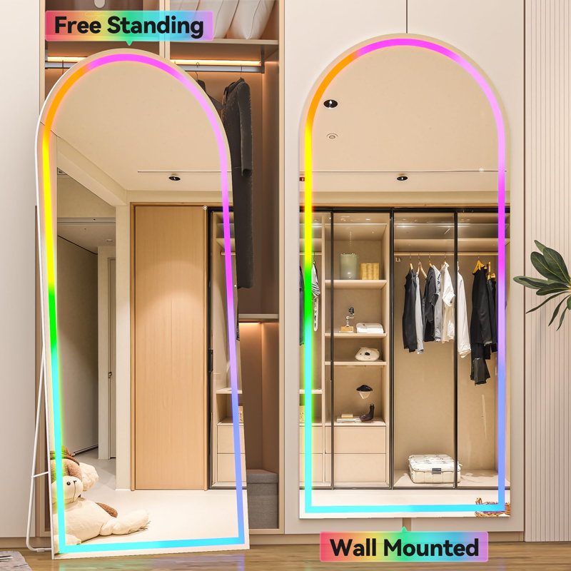 Arch LED RGB Bluetooth Full Length Mirror with Stand ＆ 7 Color Lighting Modes, Full Body Mirror with White Frame for Bedroom, Living Room, Dressing Room