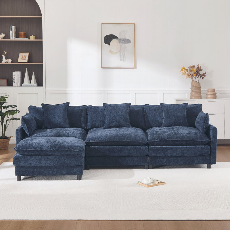 Canapé modulaire en L avec repose-pieds et canapé en L 4 places, Bleu