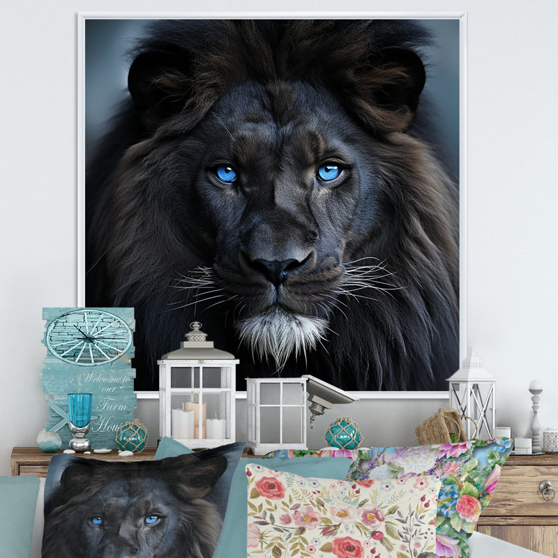 Décoration murale lion de minuit, H 36 po x l 36 po x P 1,5 po, Cadre flottant blanc