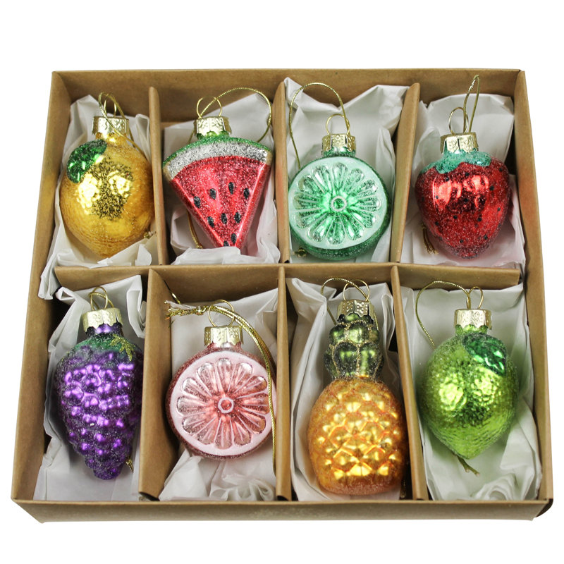 Ornements de fruits, verre, boîte / 8 boîtes: 7 x 6,5 x 1,5, ornements: 1,5 po x 1,5 po - 2,5 po
