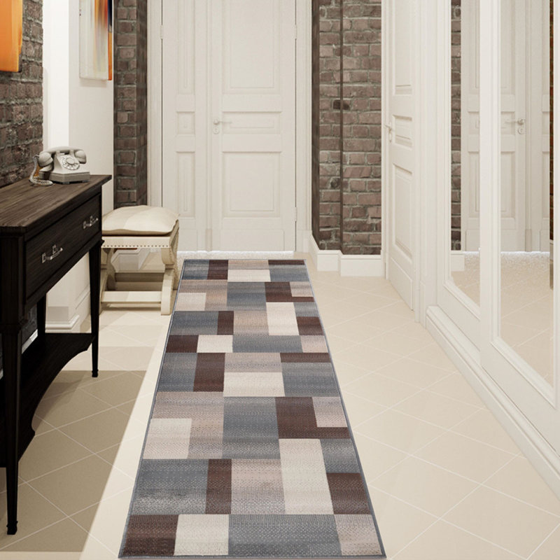8' Grey Patchwork Power Loom Stain Resistant Runner Rug