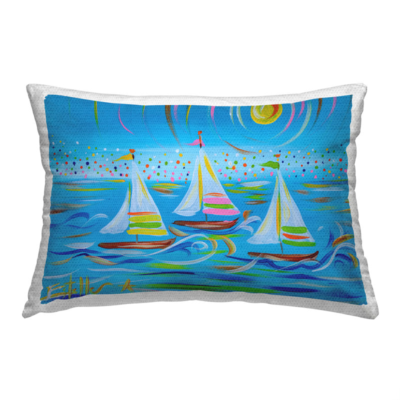 Coussin bleu d'extérieur à imprimé de voiliers modernes par Estelle Grengs