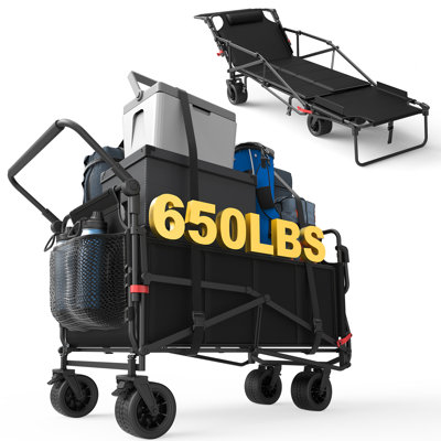 2-in-1 Foldable Garden Cart & Convertible Beach Chair, 650LBS Capacity, Adjustable Backrest, All-Terrain Utility Wagon