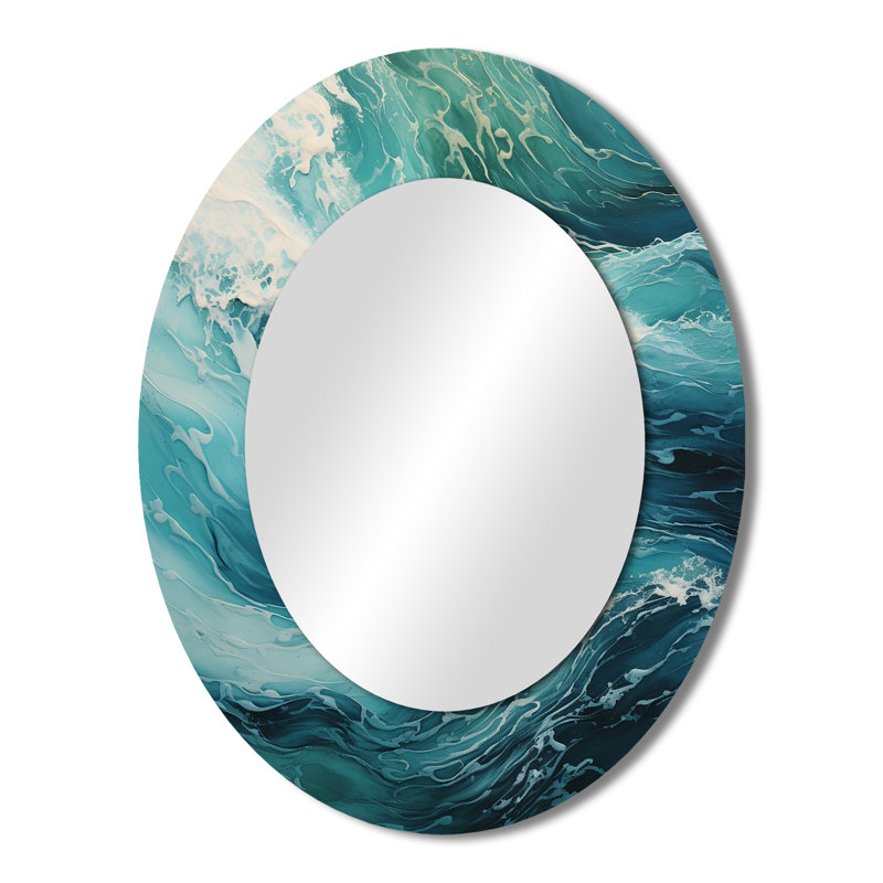 Grand miroir mural ovale en métal Ocean Teal Wave Expression, 43 po x 33 po