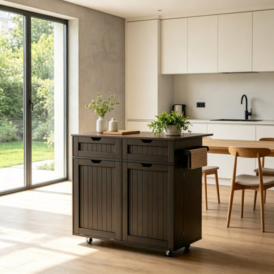 Rolling Kitchen Island Cart with Drop‑Leaf Countertop & Hidden Tilt‑Out Trash Storage