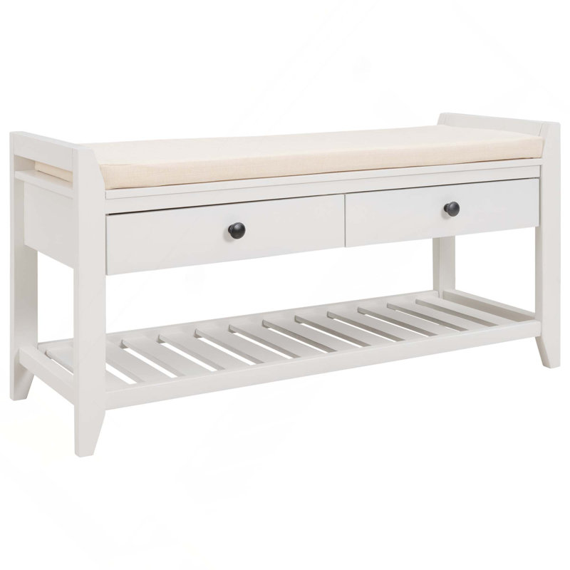 Banc de rangement polyvalent pour hall d'entrée avec range-chaussures et siège et tiroirs rembourrés, Blanc
