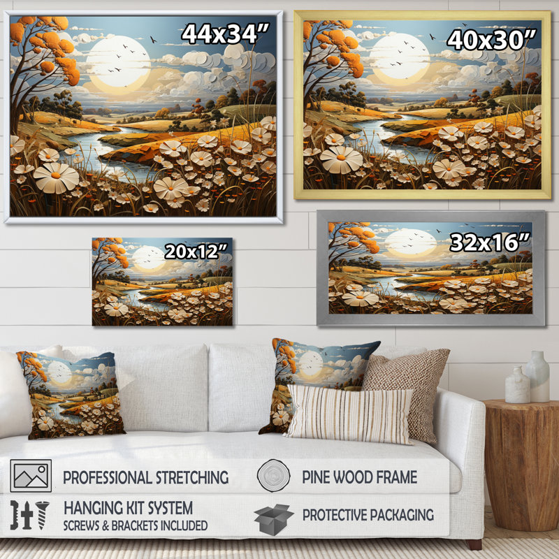 «Countryside Golden Meadows III», reproduction sur toile, H 34 po x l 44 po x P 1,5 po, Cadre photo argenté