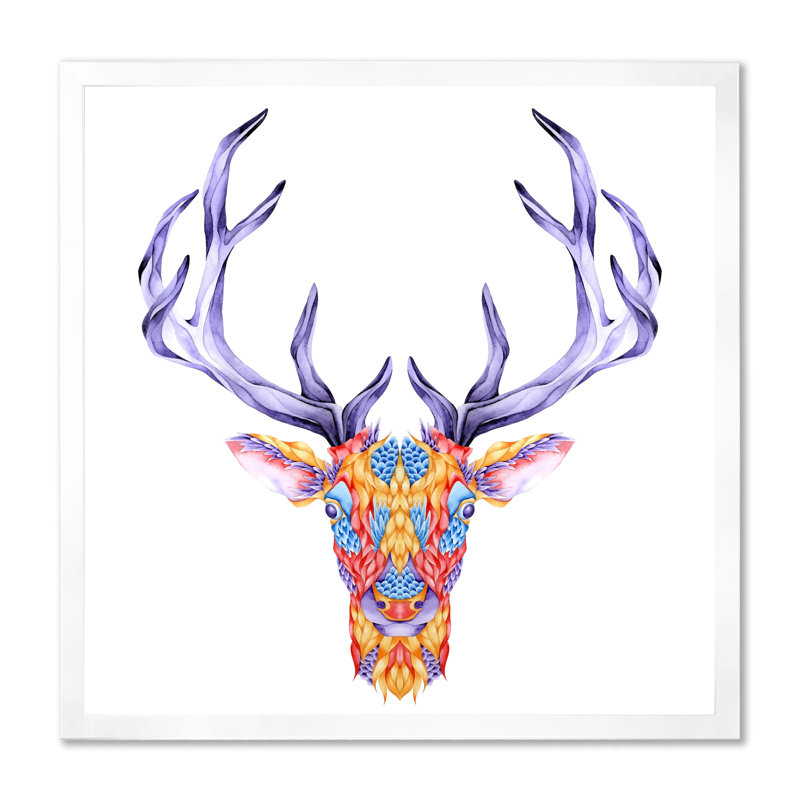 Tête de cerf multicolore, H 16 po x l 16 po x P 1 po, Toile blanche avec cadre photo