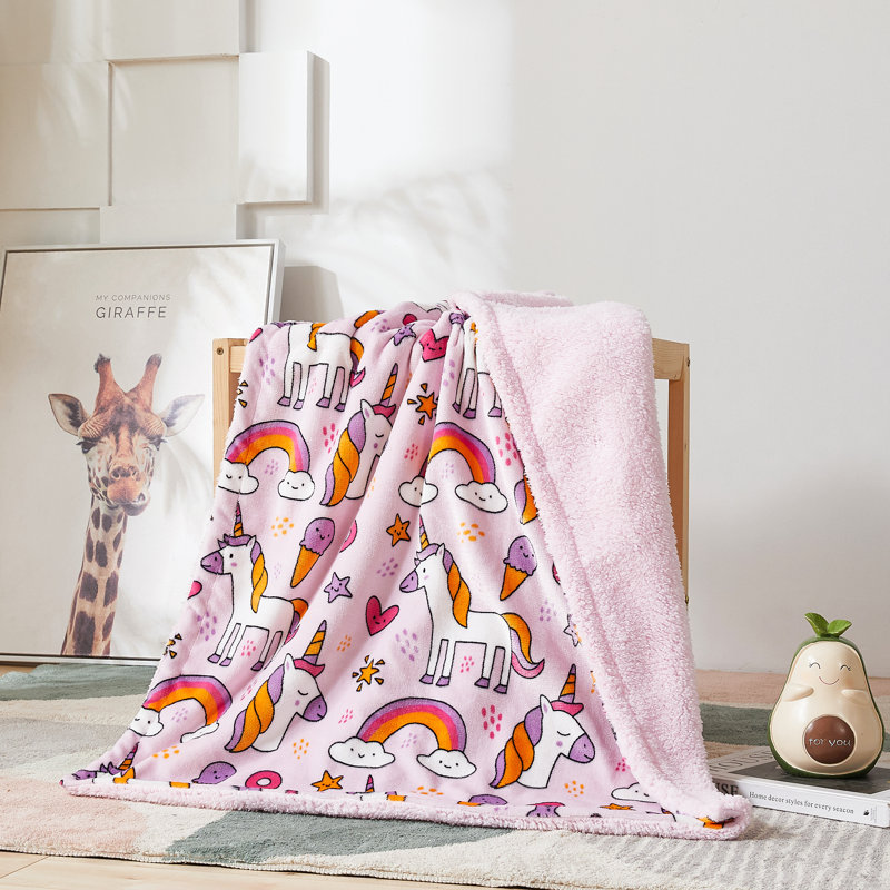 Marina Decoration Reversible Rich Printed Woven Fluffy Plush Soft Warm Flannel Fleece Children Throw Sherpa Kids Blanket, 30 x 40 Inch Unicorn and Rainbow with Pink Base Pattern