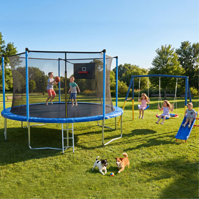 Family Backyard Kids Playset, 14FT Trampoline with Safety Enclosure Net & Heavy-Duty Metal 3-in-1 Swing Set with Slide