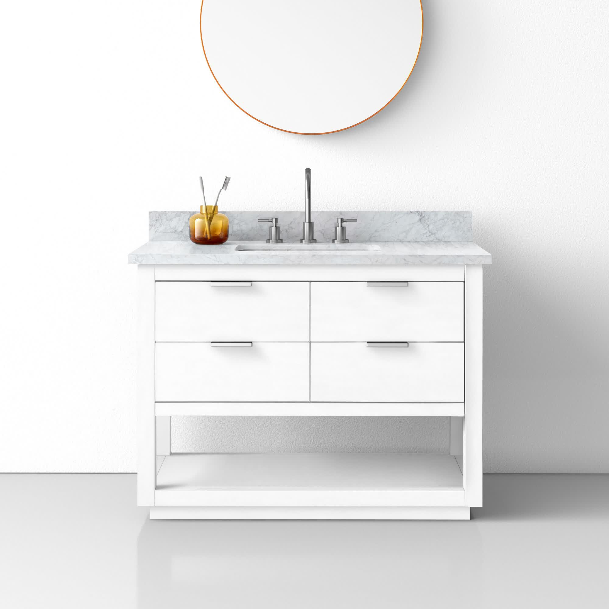 Allie 42" Single Bathroom Vanity Set, White, Carrara White Marble/Silver, 42"W