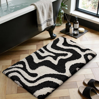 Tapis de salle de bain antidérapant, esthétique moderne, tapis de bain lavables ultra doux et absorbants, tapis à séchage rapide de qualité supérieure pour douche, baignoire, noir et blanc, 20 x 32