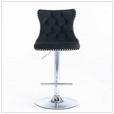 2PCS Velvet Swivel Tufted Back Barstools With Metal Silver Base