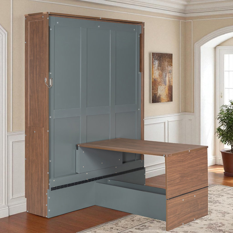 Lit escamotable double avec bureau pliable, Gris/noyer