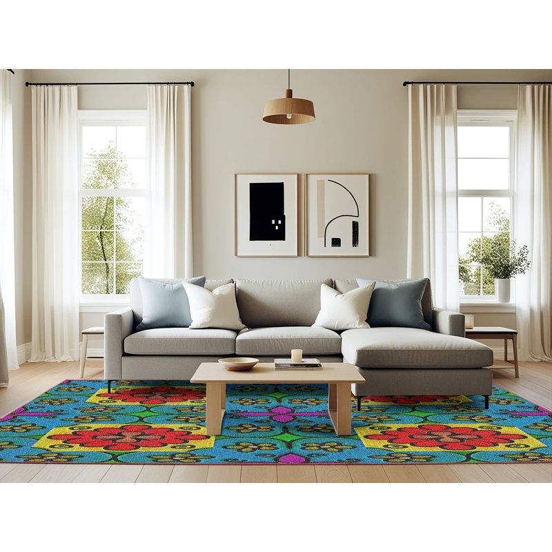 Tapis floral rouge / bleu / jaune, Rectangle 6 pi x 9 pi