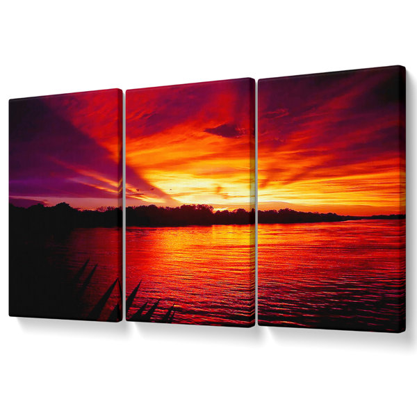 Union Rustic Red Mountain Lake 02 - 3 Piece Wrapped Canvas Graphic Art ...
