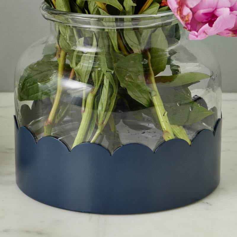 2-in-1 Scalloped Bloom Vase, White/Navy Blue