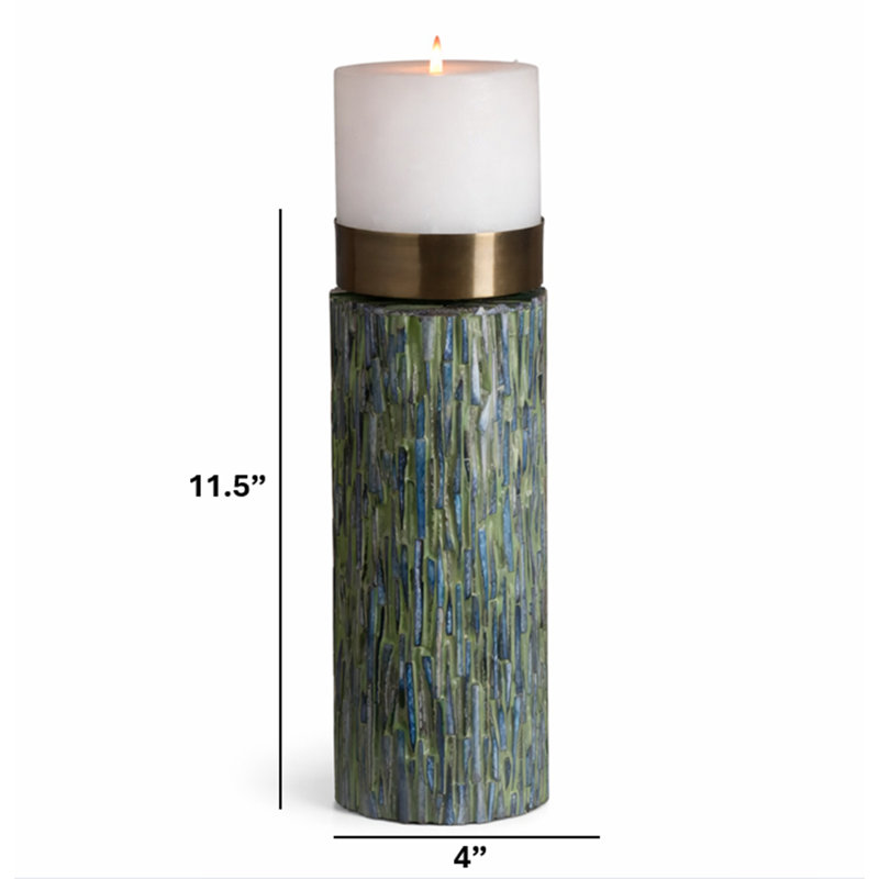 Candle Holder | Bone with Resin Inlay Candle Stand with Brass Top | 4X15.5"