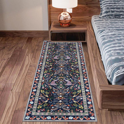 Tapis de couloir floral 2x6 couloir: tapis lavable antidérapant à poils courts pour la cuisine Tapis doux résistant à l'eau pour la salle de bain Tapis de sol léger et durable pour la chambre de bébé (bleu / floral, 2 x 6)