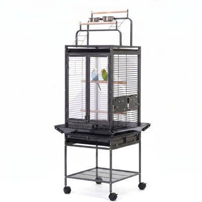 Grande cage à oiseaux 60 po avec support roulant, volière en métal, plateau coulissant pour perroquets et perruches, noir