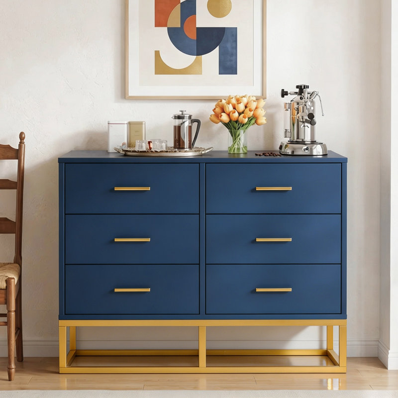 Grande commode buffet moderne à 6 tiroirs avec pieds en métal doré 39,3 po, Marine