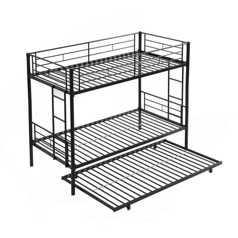 Structure de lit superposé en métal avec lit gigogne, garde-corps robuste et 2 tablettes latérales