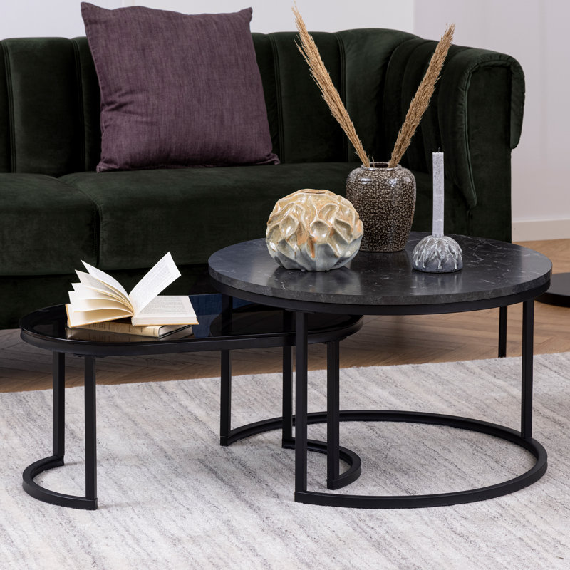 Round/Oval Coffee Table Set with Black Marble/Smoked Melamine Glass Top