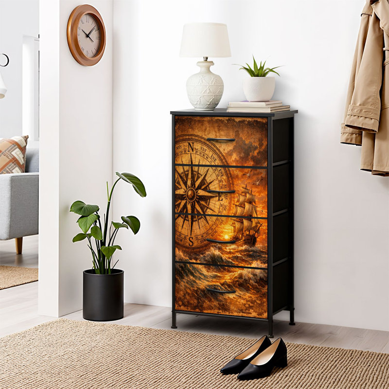 Commode 4 tiroirs pour chambre à coucher, commode étroite, plateau en bois et structure en fer 18 "x 37,5" - (lxH) - avec impression de coucher de soleil nautique spectaculaire