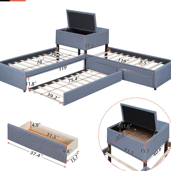 Latitude Run® L-Shaped Twin Platform Bed With Trundle - Grey Colour ...