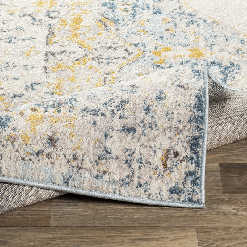 Ice Blue and Mustard Distressed Square Area Rug