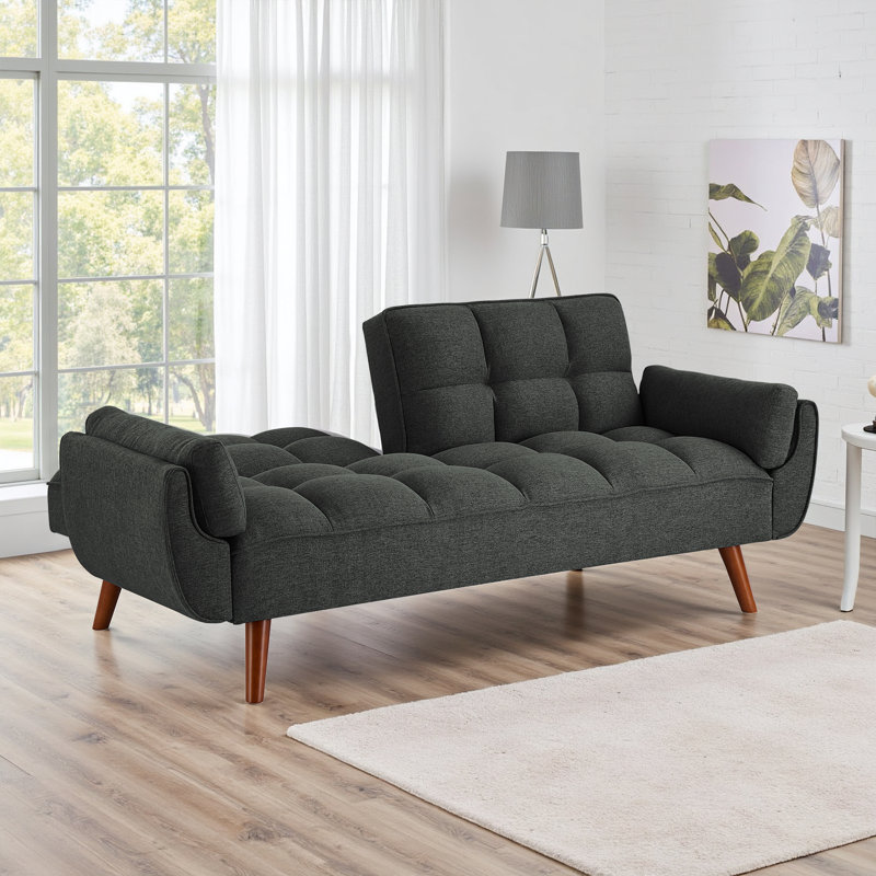 Kamaren Full 75.39" Futons Upholstered Convertible Sofa, Gray Black Polyester Blend