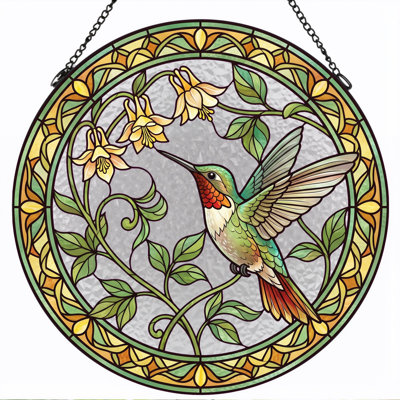 Hummingbird Floral Stained Glass Window Panel，12"H
