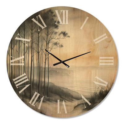 Horloge murale décorative Misty Coastal Pines - Gris Forest, imprimée sur bois