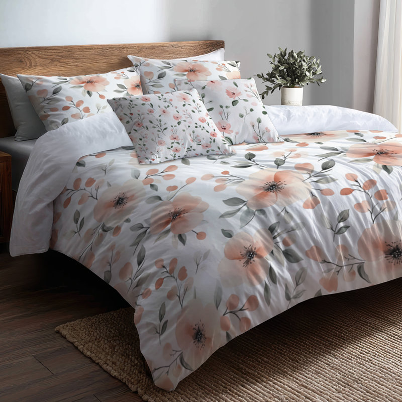 Ensemble d'édredon floral 6 pièces - Boho contemporain rose et vert avec des taies décoratives et des coussins décoratifs