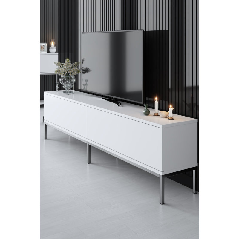 Ensemble de mobilier de salon moderne, blanc et argent | Meuble télé (70,9 x 18,5 x 11,8 po), console (59,1 x 31,5 x 11,8 po), table basse (35,4 x 15,7 x 23,6 po) | 100% panneau de particules enduit de mélamine, pieds en métal, design élégant et durable