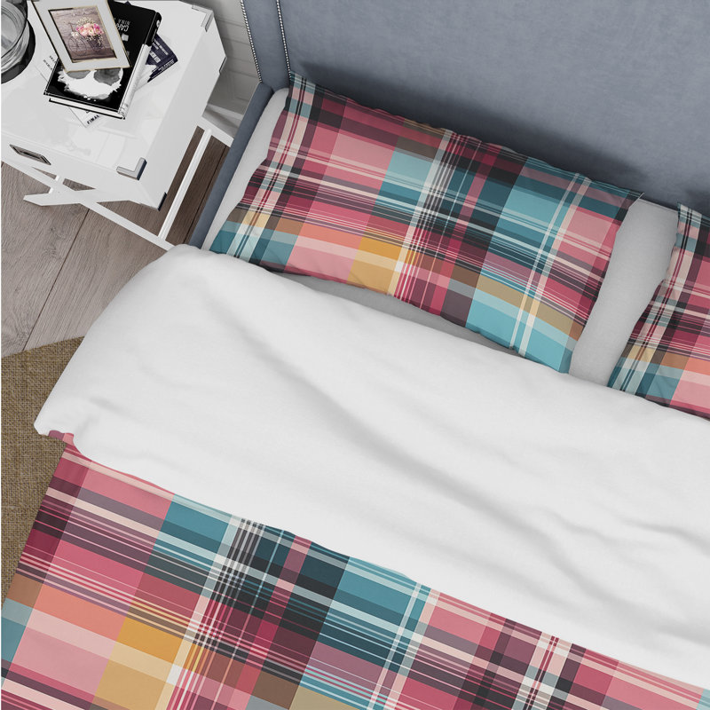 Ensemble de housse de couette bohémien à motif écossais rose et bleu, Housse de couette simple + 1 taie décorative stan