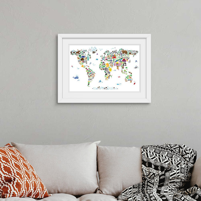 « animal map of the world », impression, Cadre blanc, H 24 po x l 32 po x P 1 po
