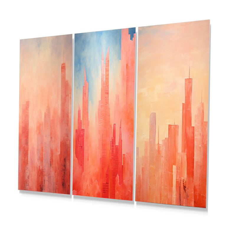 «Salmon Spires High Rise Cityscape - Skyscrapers», ensemble de 3 reproductions d'art en métal, H 28 po x l 36 po