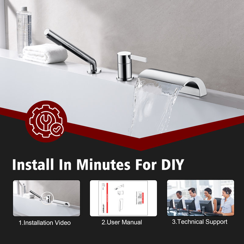 SUMERAIN Brushed Gold Bathroom Tub Filler Faucet with High Flow Waterfall Spout, Modern Style Bathtub Faucet with Hand Shower, 3 Holes